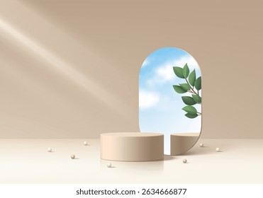 Fundo de pódio cilíndrico bege 3D com folha, céu azul em espelho de vidro. Pedestal de maquete minimalista. Apresentação abstrata da exposição do produto do suporte, vitrine do palco. Projeto geométrico de plataformas vetoriais.
