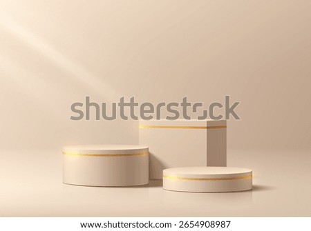 3D beige cylindrical podium background with cube pedestal, Clean empty wall scene. Minimalist 3D mockup pedestal or abstract product display presentation, Stage for showcase. Platforms vector design.