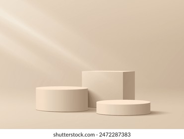 3D beige cylindrical podium pedestal background with cube pedestal, Clean empty wall scene. Minimal mockup or abstract product display presentation, Stage showcase. Platforms vector geometric design