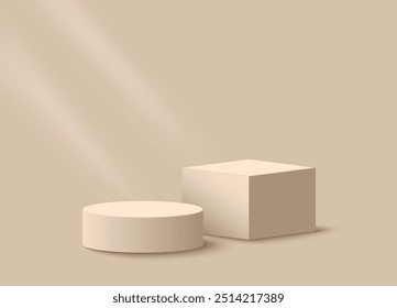 3D beige cylindrical podium pedestal background with cube pedestal, Clean empty wall scene. Minimal mockup or abstract product display presentation, Stage showcase. Platforms vector geometric design