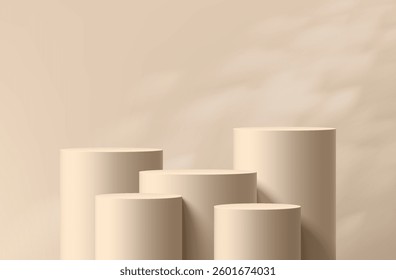 3D beige cylindrical podium set with leaf shadow overlay wall background. Minimalist mockup pedestal, Abstract cosmetic product display presentation, Stage showcase. Platforms vector geometric design.