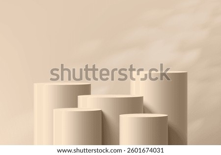 3D beige cylindrical podium set with leaf shadow overlay wall background. Minimalist mockup pedestal, Abstract cosmetic product display presentation, Stage showcase. Platforms vector geometric design.