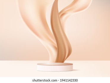 3d beige display product abstract minimal scene with liquid splash swirl on podium platform. cream fluid flow background vector render with podium. pedestal 3d beige for cosmetic products beauty.