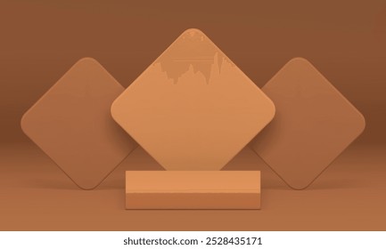 3d beige geometric podium pedestal with rhombus wall background for show realistic vector illustration. Brown squared platform with geometry shapes backdrop minimalist trendy display mockup for show