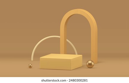 3D Beige Luxus-Podium mit Bogen Mock Up Produkt zeigen realistische Vektorillustration. Neutraler pastellfarbener quadratischer Sockel geometrischer Bogengewölbe-Wandhintergrund und goldener Kugel-Dekor zur Präsentation