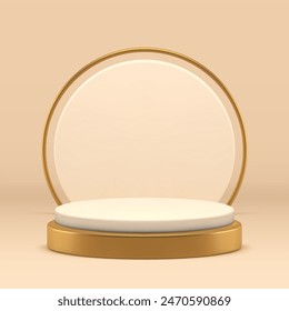 3d beige luxury podium pedestal mock up for premium product show realistic vector illustration. Neutral pastel commercial display cylinder stage with golden circle wall background for presentation