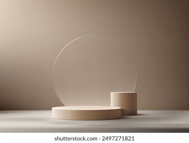 3D beige podium and cylinder against a gradient beige background. Minimalist and modern design for product display, mockup, showroom, or showcase purposes