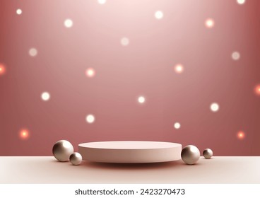 3D beige podium mockup. A festive red wall background, golden balls, and bokeh lights, this luxurious display is perfect for showcasing your products in style. Vector illustration