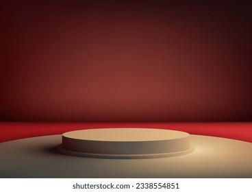 3D beige podium on a beige floor with a red background. This modern minimalist mockup is perfect for showcasing products or branding. Vector illustration