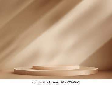 3D beige podium with a shadow sits on a beige background, modern concept, product display, mockup, showroom, showcase. Vector illustration