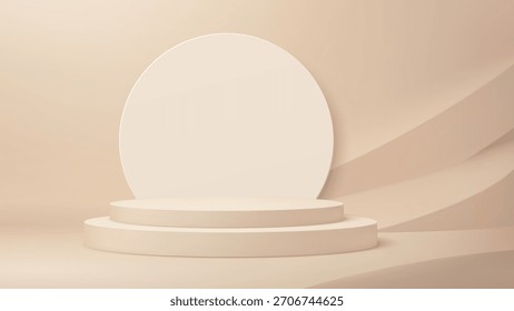 3d estádio de pódio bege. Suporte circular vetorial com sombras suaves, painel de plano de fundo redondo e forma de plano de fundo de fluxo abstrato. Cena de exposição elegante neutra para produto de beleza ou apresentação cosmética