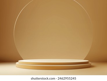 3D beige podium stand with circle glass backdrop is perfect for modern interior concept product display mockups. The stand is set on a floor and light brown background. Vector illustration