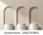 3D beige product podium background with 3 arch frame windows behind. Abstract luxury composition in minimalist design. Studio display showroom product pedestal, Fashion stage showcase mockup scene.