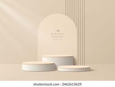 3D beige product podium background with vertical pillars, arch backdrop. Abstract composition in minimal design. Studio showroom product pedestal, Fashion showcase mockup scene. Vector showcase design