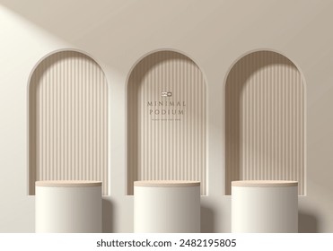 Fondo de podio de producto beige 3D con 3 ventanas de marco de arco detrás. Abstractas composición de lujo en diseño minimalista. El pedestal del producto de la sala de exposición del estudio, escena de la maqueta del escaparate de la moda.