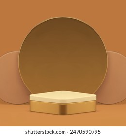 3d beige rhombus podium with circle golden wall background for show realistic vector illustration. Luxury elegant pedestal premium pastel neutral commercial display for product presentation
