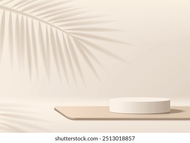 3D beige round podium background with palm coconut leaf shadow overlay. Abstract geometric composition minimalist design. Studio display showroom product pedestal, Fashion stage showcase mockup scene.