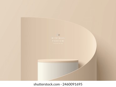 3D beige round product podium background with papercut swirl flow scene. Abstract composition in minimal design. Studio showroom product pedestal, Fashion showcase mockup scene. Vector banner cosmetic