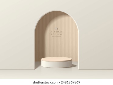 3D beige round product podium background with vertical pattern in arch gate. Abstract composition in minimalist design. 3D studio display showroom product pedestal, Fashion stage showcase mockup scene