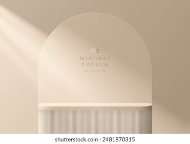 3D beige round product podium background with wall arch backdrop. Abstract geometric composition in minimalist design. 3D Studio display showroom product pedestal, Fashion stage showcase mockup scene.