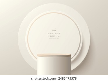 3D beige round product podium background with layers circle backdrop. Abstract composition in minimalist design. Studio display showroom cosmetic product pedestal, Fashion stage showcase mockup scene.