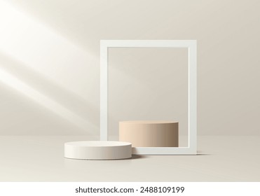 3D beige round product podium background with white square frame. Abstract composition in minimalist design. 3D studio display showroom cosmetic product pedestal, Fashion stage showcase mockup scene.