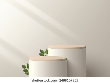 3D beige round product podium background with green leaf, lighting. Abstract composition in minimalist design. 3D studio display showroom cosmetic product pedestal, Fashion stage showcase mockup scene