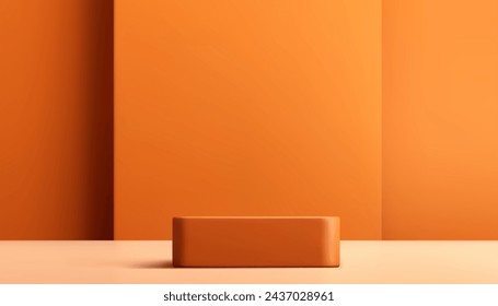 3d beige squared podium pedestal with geometric wall background empty showcase realistic vector illustration. Minimalist aesthetic platform neutral brown stage showroom for commercial product show