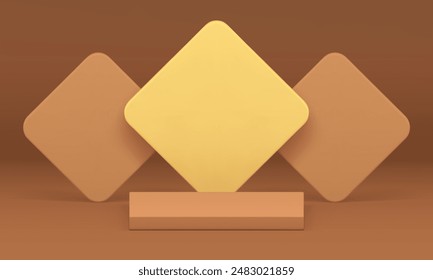 3d beige squared podium with rhombus wall background for show realistic vector illustration. Neutral pedestal pastel geometric showcase rendering display for shopping sale product presentation