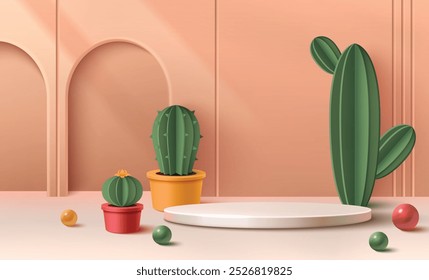 3d bege pódio de verão com cactos para o anúncio do produto cosmético. Um bonito palco de exibição tropical em sala de estúdio criativo. Composição de natureza realista com pedestal, arco e cactos para moda ou maquiagem mockup