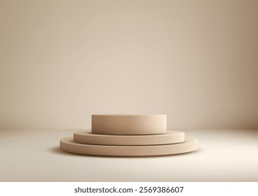 3D beige three tiered podium set against a matching neutral backdrop. Circular platforms create an elegant, minimal display mockups, product showcases, or showrooms.