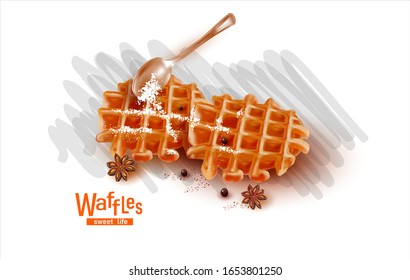 3d Belgian Waffles for breakfast on white background with sugar powder.Stars Anise.Sweet Dessert.Vector Teaspoon.Realistic vector illustration.