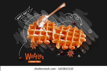 3d Belgian Waffles for breakfast on black background with sugar powder.Stars Anise.Sweet Dessert.Vector Teaspoon.Realistic vector illustration.