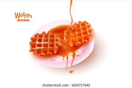 3d Belgian Waffles for breakfast on white background with sugar powder.Plate,Tea Saucer.Caramel.Sweet Dessert.Realistic vector illustration.