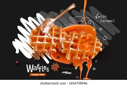 3d Belgian Waffles for breakfast on black background with sugar powder.Stars Anise.Sweet Dessert.Caramel.Vector Teaspoon.Realistic vector illustration.