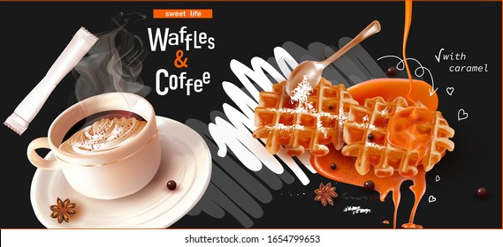 3d Belgian Waffles for breakfast on black background with sugar powder.Stars Anise.Sweet Dessert.Caramel.Vector Teaspoon.Realistic vector illustration.