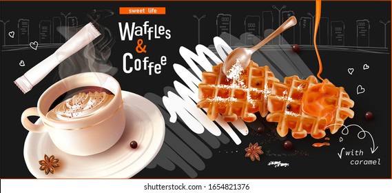 3d Belgian Waffles for breakfast on black background with sugar powder.Coffee beans.Cup of coffee.Stars Anise.Sweet Dessert.Caramel.Vector Teaspoon.Realistic vector illustration.