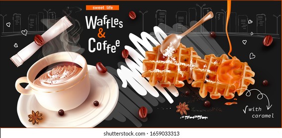 3d Belgian Waffles for breakfast on black background with sugar powder.Coffee beans.Cup of coffee.Stars Anise.Sweet Dessert.Caramel.Vector Teaspoon.Realistic vector illustration.