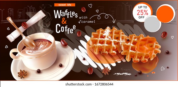 3d Belgian Waffles for breakfast on black background with sugar powder.Coffee beans.Cup of coffee.Stars Anise.Sweet Dessert.Caramel.Vector Teaspoon.Realistic vector illustration.