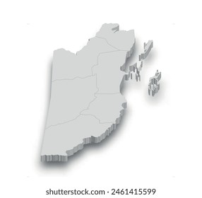 Mapa blanco de Belice 3d con regiones aisladas sobre fondo blanco