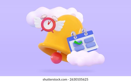 3D Bell, calendar and alarm clock with wings Time counting Deadline alert Business planning Appointment Agenda Planning concept