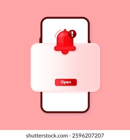 3D Bell with danger alert notification. Attention New important message. Urgent online call. Social media reminder. Cartoon style. Vector illustration.