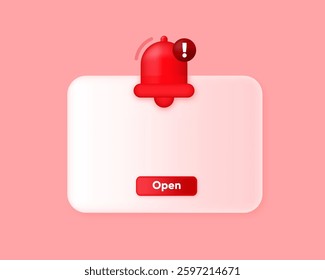 3D Bell with danger alert notification. Attention New important message. Urgent online call. Social media reminder. Cartoon style. Vector illustration.