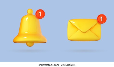 3D bell and envelope for notifications isolated on a blue background. Concept of the postal service. Vector 3d illustration

