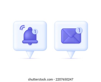 3D Bell and Envelope on Speech bubble. Reminder concept. New notification arrived. Notification concept of new message. Vector for alert and announcement. Moderm vector in 3d style.