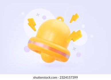 3D bell icon. The concept of notifying you of new messages or breaking news. With flying lightning and abstract geometry. 3D vector illustration.