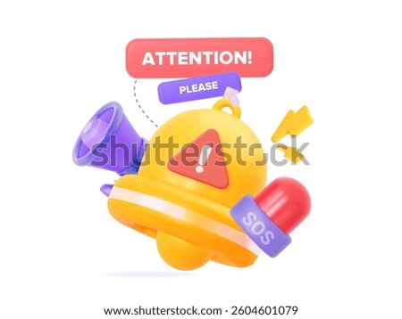  3D bell and megaphone with SOS signal. Concept of emergency warning and attention. Creative vector illustration