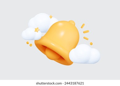 3D Bell notification with clouds. Social media communication. New message concept. Subscribe to channel. Reminder in phone app. Cartoon creative design icon. 3D Vector illustration