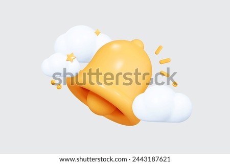 3D Bell notification with clouds. Social media communication. New message concept. Subscribe to channel. Reminder in phone app. Cartoon creative design icon. 3D Vector illustration