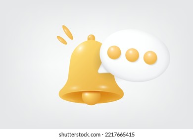 3D Bell notification with speech bubble. Reminder in the mobile app. Social media message. Notice concept. 3d icon isolated on white background. 3D vector illustration.